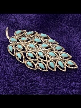Vintage Gerry’s Leaf Brooch Gold Tone with Turquoise Enamel MCM